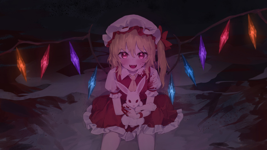 1girl :d absurdres ascot blonde_hair blood blood_on_clothes blood_on_face blood_on_ground blood_on_hands blush commentary cowboy_shot crystal fangs flandre_scarlet hair_between_eyes hat highres holding_own_arm hugging_object indoors ksagi long_hair looking_at_viewer looking_up mob_cap one_side_up open_mouth puffy_short_sleeves puffy_sleeves red_eyes red_skirt red_vest shirt short_sleeves sitting skirt skirt_set smile solo stuffed_animal stuffed_rabbit stuffed_toy teeth tongue touhou upper_teeth_only vest white_headwear white_shirt wings yellow_ascot