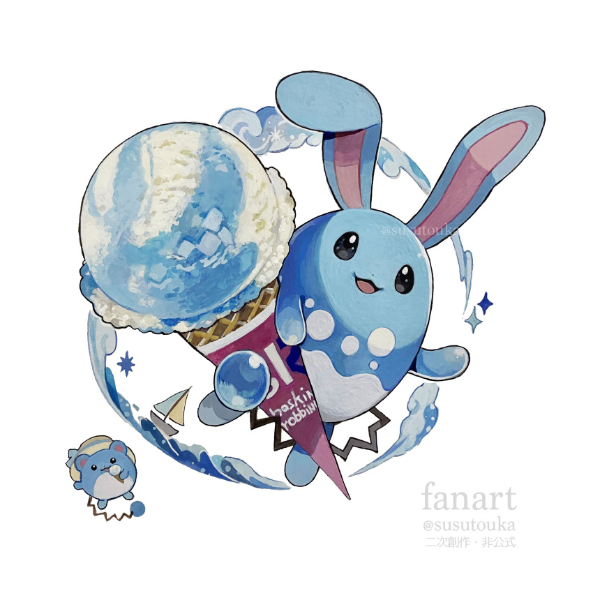 :3 absurdres azumarill baskin-robbins boat food food_focus full_body highres ice_cream ice_cream_cone looking_at_viewer marill no_humans open_mouth pokemon pokemon_(creature) smile solo_focus sparkle susutouka watercraft white_background