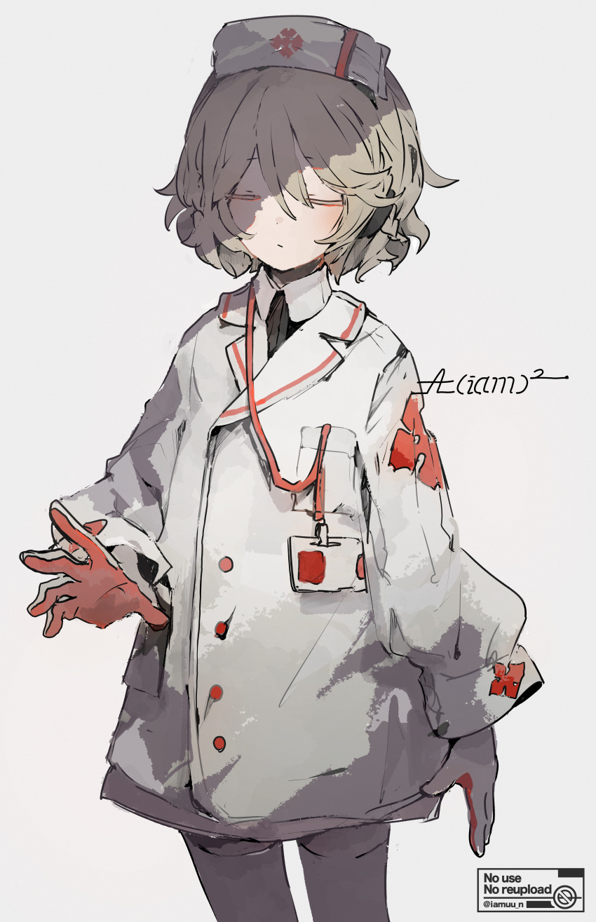 1girl absurdres aiamu_iamu blonde_hair buttons closed_eyes coat collared_shirt commentary_request cowboy_shot cross gloves grey_pantyhose hat highres id_card light_frown looking_to_the_side messy_hair nurse nurse_cap nurse_robot_type_t pantyhose pocket red_cross red_gloves shirt short_hair signature simple_background solo two-tone_gloves utau white_background white_coat white_gloves