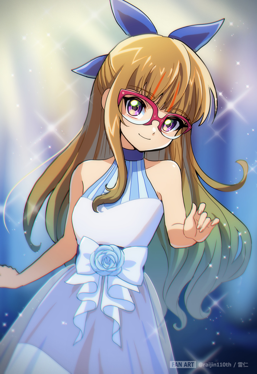 1girl alternate_costume bare_arms blue_bow blue_flower bow brown_hair closed_mouth collarbone dress flower glasses hair_bow highres long_hair looking_at_viewer ohdo_yuamu raijin-bh red-framed_eyewear sleeveless sleeveless_dress smile solo twitter_username very_long_hair violet_eyes white_bow white_dress yu-gi-oh! yu-gi-oh!_go_rush!!