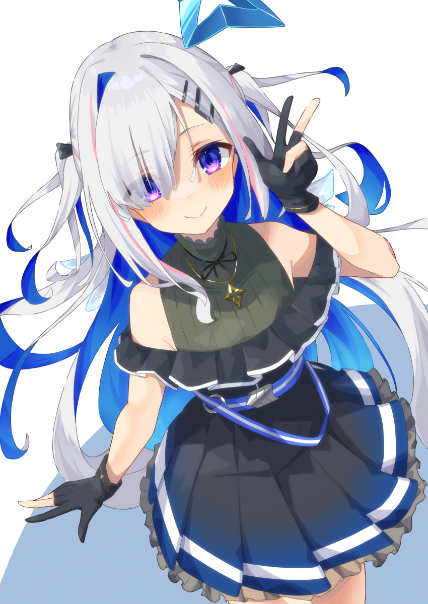1girl :&gt; absurdres amane_kanata amane_kanata_(3rd_costume) angel_wings belt black_dress black_gloves blue_belt blue_hair blue_wings blush colored_inner_hair commentary cowboy_shot dress frilled_dress frills gloves hair_ornament hair_over_one_eye hairclip halo hand_up highres hololive jewelry kisara_mikami looking_at_viewer looking_up multicolored_hair multicolored_wings necklace official_alternate_hair_length official_alternate_hairstyle partially_fingerless_gloves pink_hair shadow simple_background single_hair_intake smile solo star_(symbol) star_halo star_necklace streaked_hair striped_belt violet_eyes virtual_youtuber w white_background white_hair wings