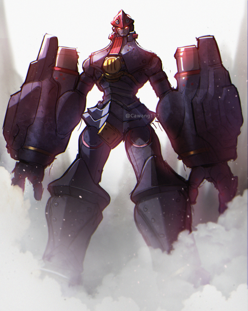 arms_at_sides big_o_(mecha) cawang commentary dust_cloud glowing glowing_eyes highres looking_at_viewer mecha no_humans open_hands red_eyes robot science_fiction solo standing super_robot the_big_o twitter_username