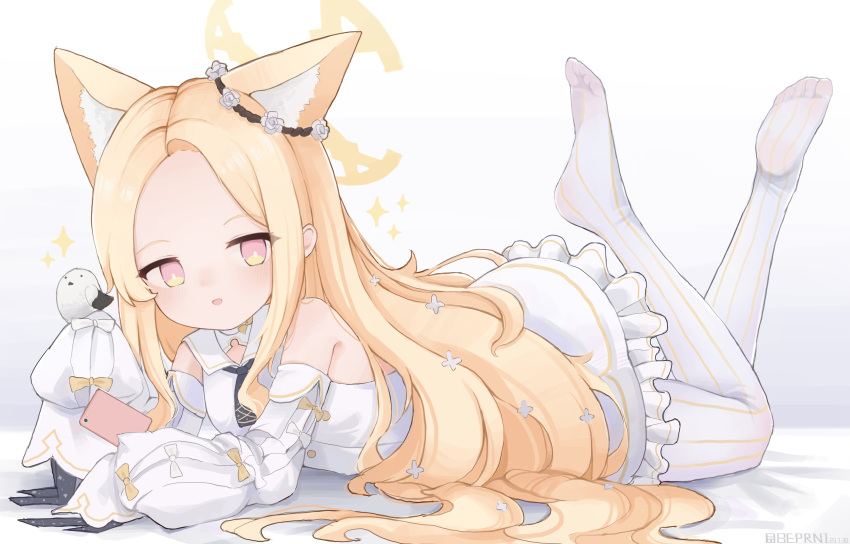 1girl :d absurdres akizuki_kawakaze animal_ear_fluff animal_ears bird blonde_hair blue_archive cellphone commentary_request detached_sleeves dress flower foot_up forehead fox_ears fox_girl frilled_dress frills hair_flower hair_ornament halo highres holding holding_phone long_hair long_sleeves looking_at_viewer lying on_stomach orange_eyes panties panties_under_pantyhose pantyhose parted_bangs parted_lips phone school_uniform seia_(blue_archive) sidelocks sleeves_past_fingers sleeves_past_wrists smartphone smile solo underwear white_background white_dress white_pantyhose wide_sleeves