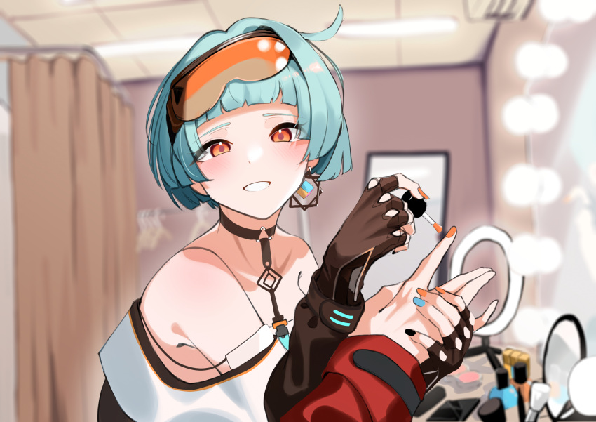 1girl 1other ahoge bare_shoulders black_nails blue_hair blue_nails blush breasts choker commander_(girls'_frontline) commission curtains earrings ert_raitsui fingerless_gloves girls_frontline gloves goggles goggles_on_head highres indoors jewelry long_sleeves looking_at_viewer nail_polish non-web_source orange_eyes orange_nails painting_nails short_hair single_earring skeb_commission smile solo_focus table vanity_table zas_m21_(girls'_frontline)