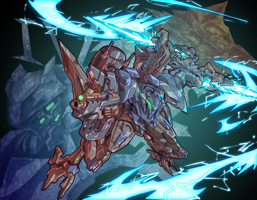 armored_core armored_core_6 black_background chibi electricity energy_blade extra_eyes eye_trail glowing glowing_eyes green_eyes gun highres holding holding_gun holding_weapon light_trail looking_to_the_side mecha no_humans reverse_jointed_legs robot science_fiction steel_haze steel_haze_ortus uungunover v.iv_rusty weapon