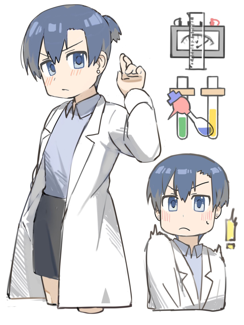 ! 1girl asymmetrical_bangs black_skirt blue_eyes blue_hair blue_shirt blush closed_mouth collared_shirt cropped_legs cropped_torso dot_nose earrings expressionless flinch from_side hair_between_eyes hair_bun hand_up highres jewelry jitome lab_coat looking_at_viewer multiple_views nakakiwaz nakamura_kana nichijou pearl_earrings shirt shirt_tucked_in short_hair simple_background skirt solo standing sweatdrop test_tube v-shaped_eyebrows vial white_background