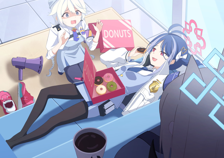 3girls absurdres blue_archive carpet chocolate_doughnut coffee coffee_mug couch cup doughnut food fubuki_(blue_archive) halo highres holding holding_cup holding_food kanna_(blue_archive) kirino_(blue_archive) lying megaphone mug multiple_girls on_back on_couch pastry_box police police_badge police_uniform policewoman rahy scared shoes shoes_removed sneakers uniform
