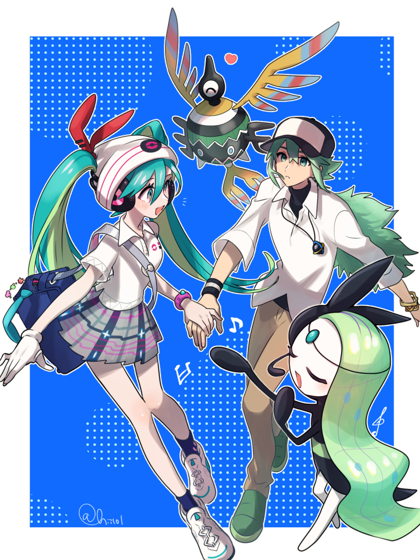 1boy 1girl aqua_hair bag bag_charm baseball_cap beanie blush brown_pants charm_(object) closed_eyes crossover gloves green_eyes green_footwear green_hair hair_between_eyes hat hatsune_miku headphones heart highres hii_(hii101) holding_hands jewelry long_hair meloetta meloetta_(aria) multicolored_hair n_(pokemon) necklace open_mouth pants pleated_skirt pokemon pokemon_(creature) pokemon_(game) pokemon_bw project_voltage shirt shoes short_sleeves sigilyph simple_background single_glove skirt sneakers twintails vocaloid white_footwear white_gloves white_shirt