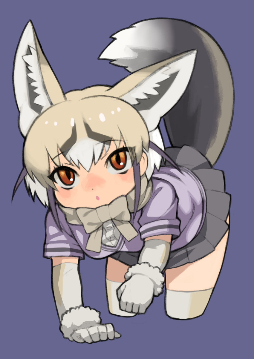 1girl animal_ears bow bowtie brown_eyes cardigan elbow_gloves extra_ears fox_ears fox_girl fox_tail gloves grey_hair highres kemono_friends kneehighs looking_at_viewer purple_background rinx rueppell's_fox_(kemono_friends) shirt short_hair simple_background skirt socks solo tail