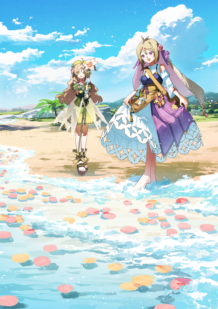 2girls :d absurdres ahoge atelier_(series) atelier_ayesha atelier_resleriana ayesha_altugle bare_legs bare_shoulders barefoot beach blonde_hair blue_sky blush bow clothing_cutout commentary_request dress flocke_cerha flower flower_wreath frills green_dress green_eyes green_hair green_skirt hair_between_eyes hair_bow hair_flower hair_ornament hat highres holding holding_staff long_hair long_sleeves multiple_girls ocean parted_lips partially_submerged petals petals_on_liquid potg_(piotegu) promotional_art ribbon sand sandals short_hair shoulder_cutout skirt sky smile staff veil violet_eyes waist_bow white_bow white_dress wrist_cuffs