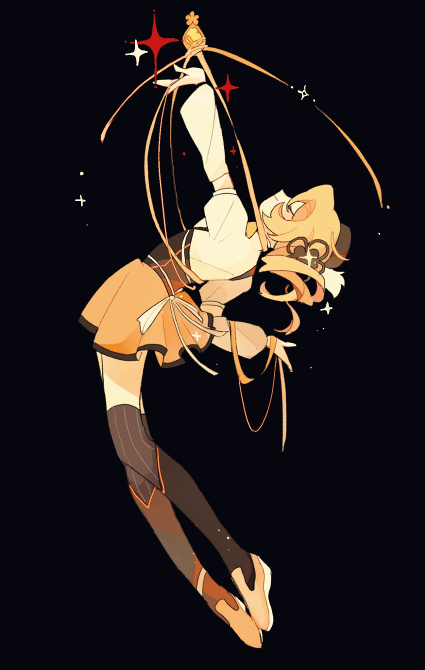 1girl arm_up beret black_background blonde_hair brown_headwear brown_thighhighs closed_eyes corset curly_hair detached_sleeves flower from_side full_body hair_flower hair_ornament hat highres leaning_back magical_girl mahou_shoujo_madoka_magica mahou_shoujo_madoka_magica_(anime) medium_hair outstretched_arm profile puffy_short_sleeves puffy_sleeves ribbon richanggangaozi shirt shoes short_sleeves simple_background skirt solo soul_gem sparkle striped striped_thighhighs thigh-highs tomoe_mami vertical-striped_thighhighs vertical_stripes white_shirt yellow_footwear yellow_ribbon yellow_skirt