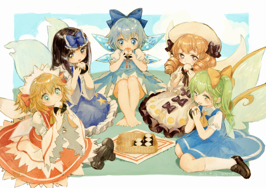 5girls ascot bare_legs barefoot black_bow blue_background blue_bow blue_dress blue_eyes blue_hair bow canariadraw cirno clouds commentary_request commission crossed_ankles daiyousei dress drill_hair eating fairy_wings food frilled_bow frills full_body green_hair hair_bow hands_up hat hat_bow highres holding holding_food ice ice_wings kneehighs knees_up light_blush luna_child maid_headdress multiple_girls one_side_up open_mouth petticoat red_dress short_hair simple_background sitting skeb_commission sleeves_past_elbows socks star_(symbol) star_print star_sapphire sunny_milk toes touhou wariza white_background white_dress white_socks wings yellow_ascot yellow_bow