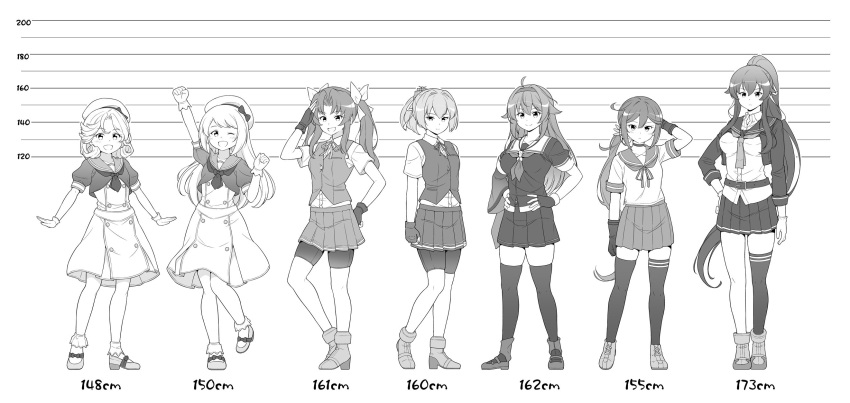 6+girls ahoge akebono_(kancolle) akebono_kai_ni_(kancolle) asymmetrical_clothes belt bike_shorts bike_shorts_under_skirt choker commentary_request dress dress_shirt fingerless_gloves full_body gloves greyscale hair_ribbon hairband hands_on_own_hips hat height_chart height_difference height_mark highres jacket janus_(kancolle) jervis_(kancolle) kagerou_(kancolle) kagerou_kai_ni_(kancolle) kantai_collection long_hair mary_janes monochrome multiple_girls neck_ribbon neckerchief one_eye_closed open_mouth parted_bangs pleated_skirt ponytail puffy_short_sleeves puffy_sleeves revision ribbon sailor_collar sailor_dress sailor_hat sailor_shirt school_uniform serafuku shiranui_(kancolle) shiranui_kai_ni_(kancolle) shiratsuyu_(kancolle) shiratsuyu_kai_ni_(kancolle) shirt shoes short_hair short_sleeves shorts shorts_under_skirt side_ponytail single_thighhigh skirt tenshin_amaguri_(inobeeto) thigh-highs twintails vest whistle whistle_around_neck yahagi_(kancolle) yahagi_kai_ni_(kancolle)