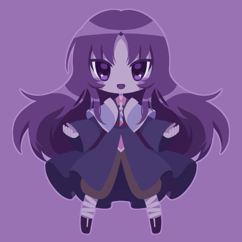 1other androgynous bandages capelet clause coat collared_shirt evanescent_existence fox10991 len'en long_hair long_sleeves necktie open_mouth pants purple_background purple_hair shirt smile very_long_hair violet_eyes