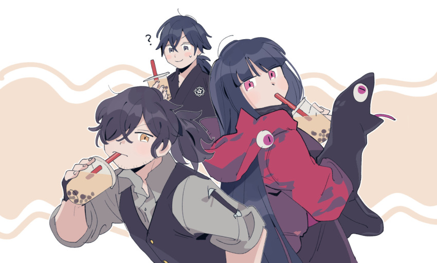 1girl 2boys ? black_hair black_vest brown_eyes bubble_tea closed_mouth cup drink drinking drinking_straw drinking_straw_in_mouth fate/grand_order fate_(series) fingerless_gloves fingernails gloves grey_shirt hand_puppet holding holding_cup holding_drink jacket japanese_clothes long_hair multiple_boys okada_izou_(fate) oneroom-disco oryou_(fate) pink_eyes ponytail puppet red_jacket sakamoto_ryouma_(fate) shirt smile sparse_stubble sweatdrop very_long_hair vest