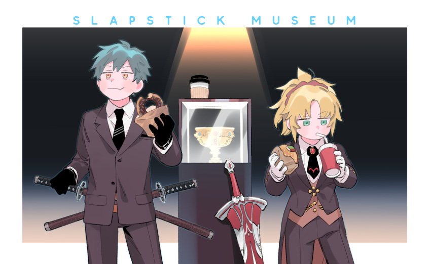 1boy 1girl black_gloves black_jacket black_necktie black_pants blonde_hair blush border brooch brown_vest chalice chewing coffee_cup collared_shirt cup disposable_cup doughnut drinking drinking_straw drinking_straw_in_mouth eating english_text fate/grand_order fate_(series) food gloves green_eyes grey_hair highres holding holding_cup holding_food holy_grail_(fate) jacket jewelry jitome long_sleeves mordred_(fate) multiple_swords museum necktie oneroom-disco orange_eyes pants ponytail red_scrunchie saitou_hajime_(fate) scrunchie shirt short_hair sprinkles sword tailcoat vest weapon white_border white_gloves white_shirt