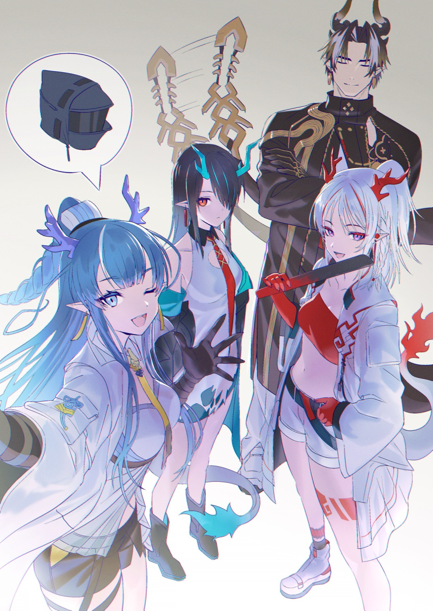 1boy 3girls arknights bare_shoulders black_coat black_gloves black_hair black_shorts blue_eyes blue_hair breasts chong_yue_(arknights) closed_eyes closed_mouth coat doctor_(arknights) dragon_boy dragon_girl dragon_horns dragon_tail dress dusk_(arknights) earrings fiery_tail flame-tipped_tail gloves green_horns hair_over_one_eye highres horns imone_illust jewelry ling_(arknights) long_hair long_tail looking_at_viewer multicolored_hair multiple_girls necktie nian_(arknights) one_eye_closed open_clothes open_mouth pants pointy_ears red_eyes red_necktie shorts smile streaked_hair tail very_long_hair violet_eyes white_dress white_hair white_pants white_shorts yellow_necktie