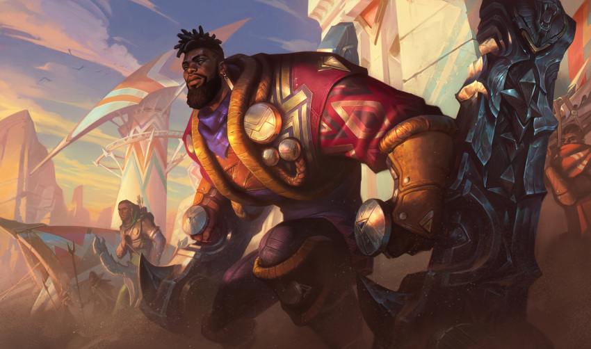 3boys beard black_hair brown_eyes chenbo dark-skinned_male dark_skin dreadlocks dual_wielding earrings facial_hair feet_out_of_frame from_below highres holding jewelry k'sante_(league_of_legends) league_of_legends looking_ahead male_focus mature_male multiple_boys muscular muscular_male official_art serious short_hair solo_focus standing strongman_waist thick_eyebrows v-taper