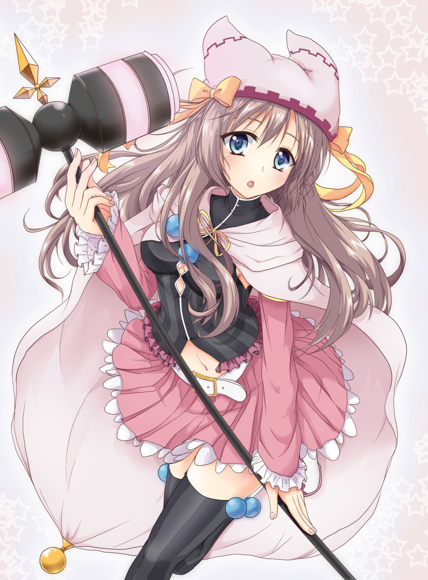 1girl :o belt black_shirt black_thighhighs blush bow breasts cloak commentary_request eyebrows_hidden_by_hair eyelashes eyes_visible_through_hair feet_out_of_frame fingernails floating_clothes floating_hair frilled_skirt frilled_sleeves frills grey_background hair_between_eyes hammer hand_up hat hat_bow hat_ribbon highres holding holding_hammer karukan_(karukann) light_brown_hair long_hair long_sleeves looking_at_viewer medium_breasts miniskirt navel open_mouth pink_skirt pleated_skirt ribbon sanoba_witch shiiba_tsumugi shirt simple_background skirt solo standing standing_on_one_leg star_(symbol) straight_hair thigh-highs very_long_hair white_belt white_cloak white_headwear witch yellow_bow yellow_ribbon zettai_ryouiki