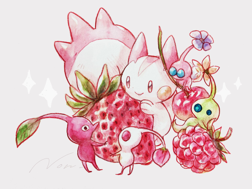 alternate_color cherry closed_mouth crossover flower food fruit full_body grey_background highres holding leaf looking_at_another non_(kumakawayusu) orange_flower pachirisu pikmin_(creature) pikmin_(series) pokemon_(creature) purple_flower raspberry red_pikmin shiny_pokemon smile sparkle standing strawberry white_pikmin