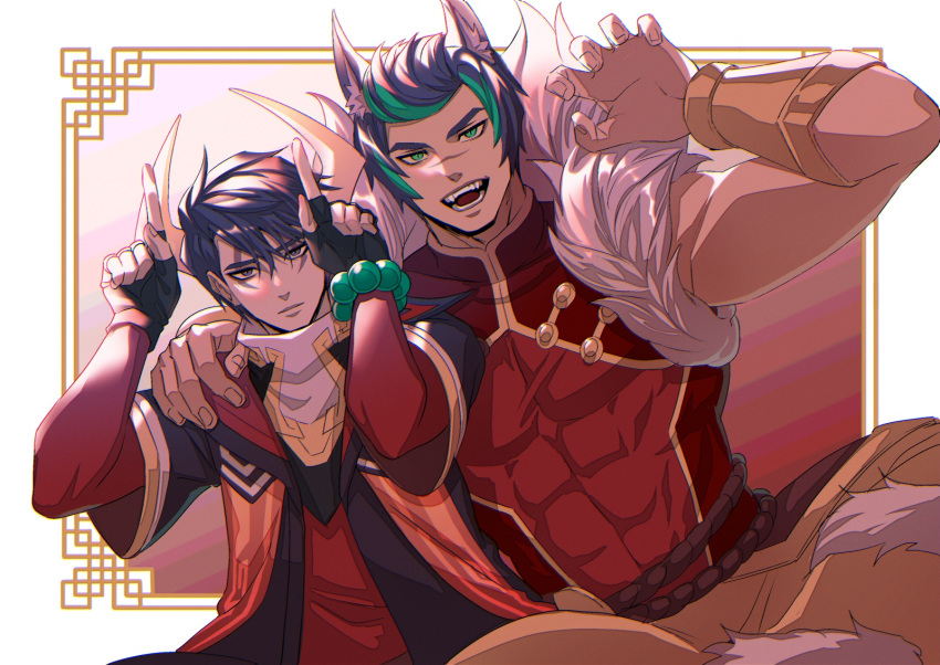 2boys animal_ears aphelios black_gloves black_hair brown_pants closed_mouth facial_mark fingerless_gloves firecracker_sett gloves green_eyes grey_hair highres horns imone_illust large_pectorals league_of_legends looking_at_viewer lunar_beast_aphelios male_focus multicolored_hair multiple_boys muscular muscular_male official_alternate_costume open_mouth pants pectorals red_shirt sett_(league_of_legends) shirt short_hair smile two-tone_hair