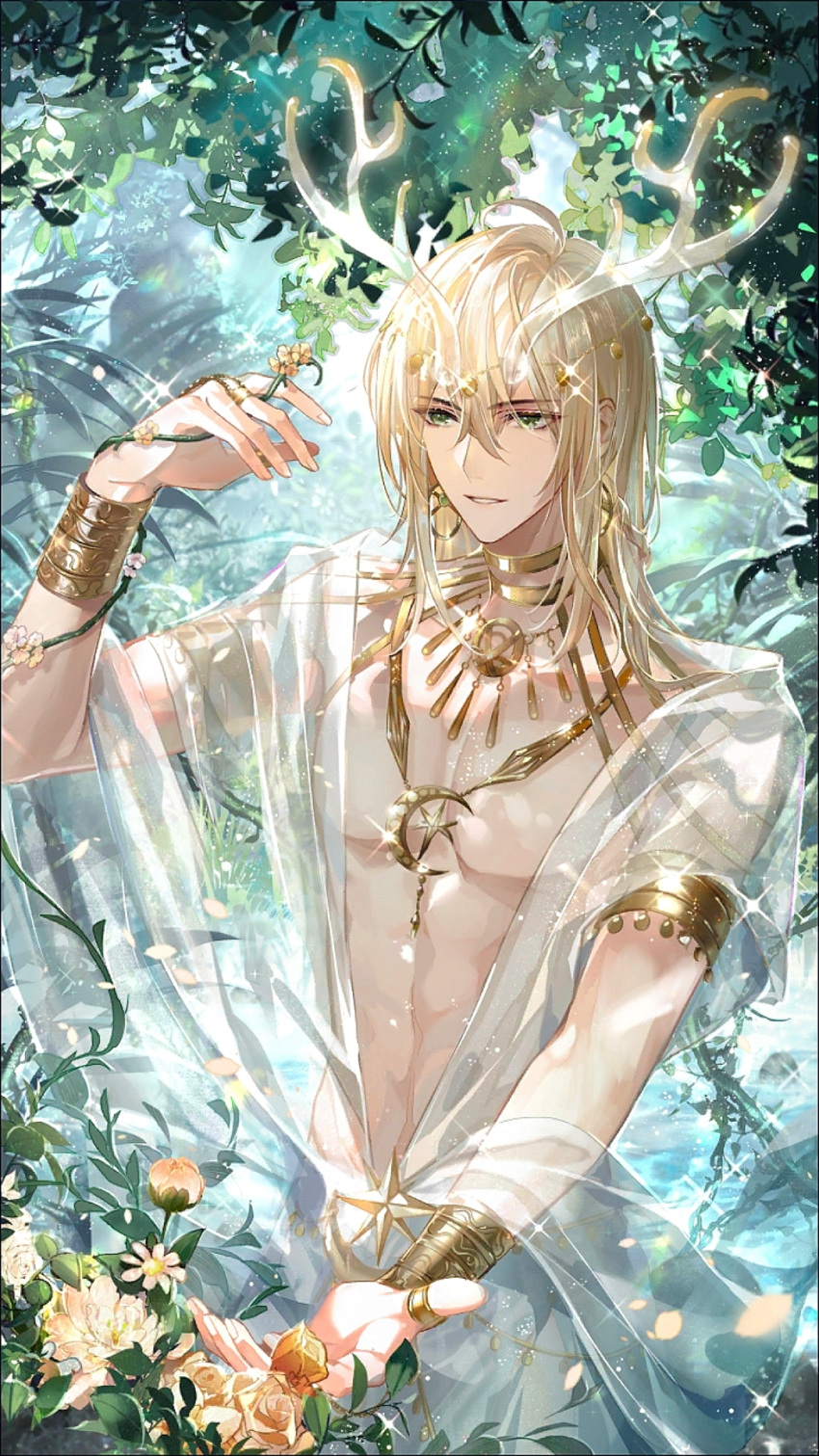 1boy abs antlers armlet bangle blonde_hair bracelet circlet crescent_necklace day earrings falling_petals flower for_all_time glint gold_necklace green_eyes hair_between_eyes hand_up highres hoop_earrings jewelry light_particles looking_at_flowers luchen male_focus medium_hair nature necklace official_art open_clothes open_robe outdoors outstretched_hand parted_lips petals plant ring robe rose see-through short_sleeves smile solo thumb_ring tree upper_body vines white_robe yellow_flower yellow_rose zhenzhibang149