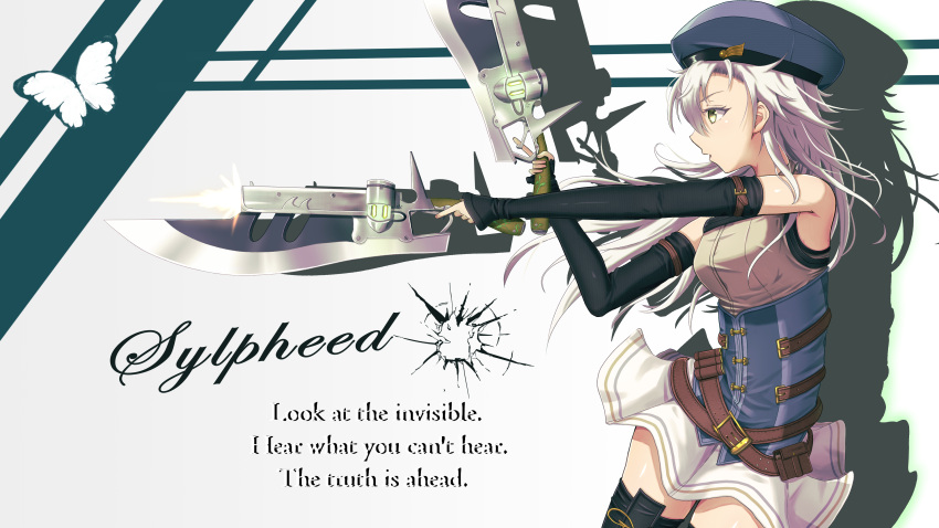 1girl absurdres breasts bug bullet_hole butterfly detached_sleeves dual_wielding eiyuu_densetsu english_text fie_claussell from_side green_eyes gun gunblade hair_between_eyes hat highres holding holding_gun holding_weapon long_hair sen_no_kiseki sen_no_kiseki_iii shadow silhouette skirt small_breasts solo thigh-highs weapon white_hair witch_f