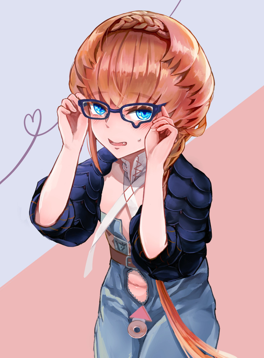 1girl absurdres belt belt_buckle black_sleeves blue_eyes blue_overalls blush braid brown_hair buckle clothing_cutout crown_braid fang fate/grand_order fate_(series) flat_chest glasses hands_up heart highres looking_back navel navel_cutout overalls puffy_short_sleeves puffy_sleeves shimogamo_(shimomo_12) short_sleeves side_braid solo sweatdrop tongue zipper_pull_tab