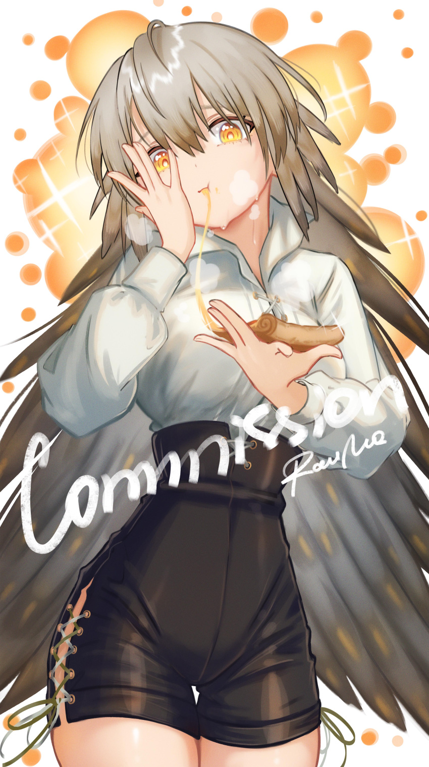 1girl :t absurdres arknights black_shorts breasts brown_hair cheese_trail collared_shirt commentary_request commission dress_shirt eating fartooth_(arknights) food hair_between_eyes hand_on_own_face hand_up head_tilt high-waist_shorts highres holding holding_food long_hair long_sleeves looking_at_viewer medium_breasts pizza pizza_slice puffy_long_sleeves puffy_sleeves rau_ma_(the_rauma001) shirt short_shorts shorts skeb_commission solo sparkle steam sweat thigh_gap very_long_hair white_shirt yellow_eyes