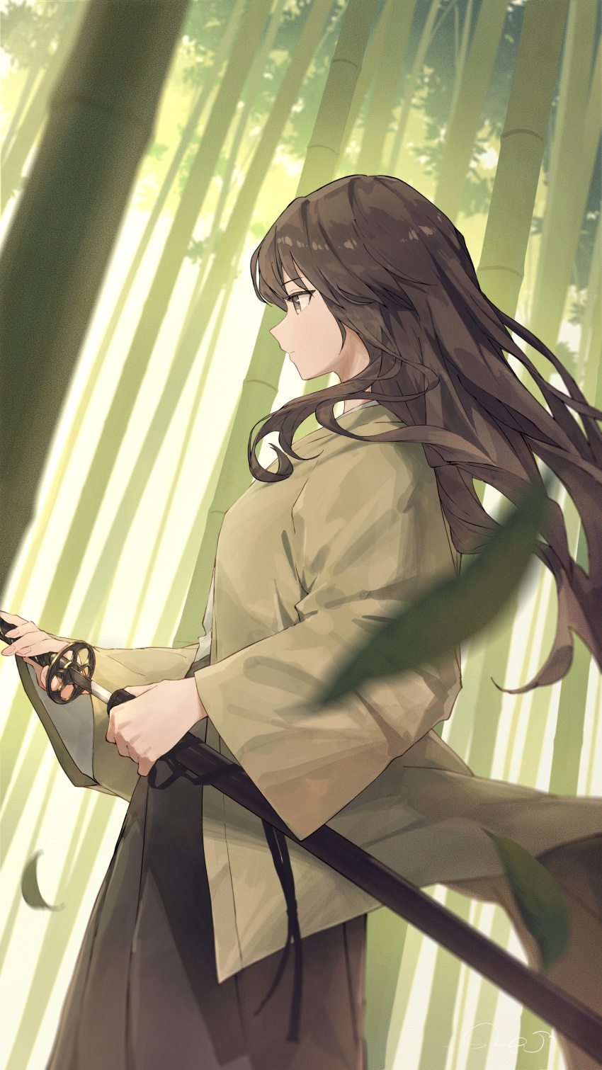 1girl absurdres alternate_costume bamboo bamboo_forest brown_hair brown_hakama falling_leaves floating_hair forest from_side hakama highres holding holding_sword holding_weapon idolmaster idolmaster_cinderella_girls japanese_clothes katana leaf long_hair looking_ahead nature outdoors profile samurai sanpo_(sanpo_1027) sheath solo sword takamori_aiko unsheathing very_long_hair weapon