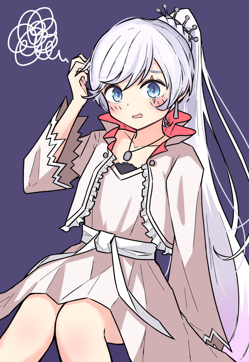 1girl blue_eyes blush confused dress earrings hand_in_own_hair hand_up highres jacket jewelry knees long_hair necklace open_clothes open_jacket open_mouth ponytail r_kappa723 rwby sash scar scar_across_eye simple_background solo tiara very_long_hair weiss_schnee white_dress white_hair