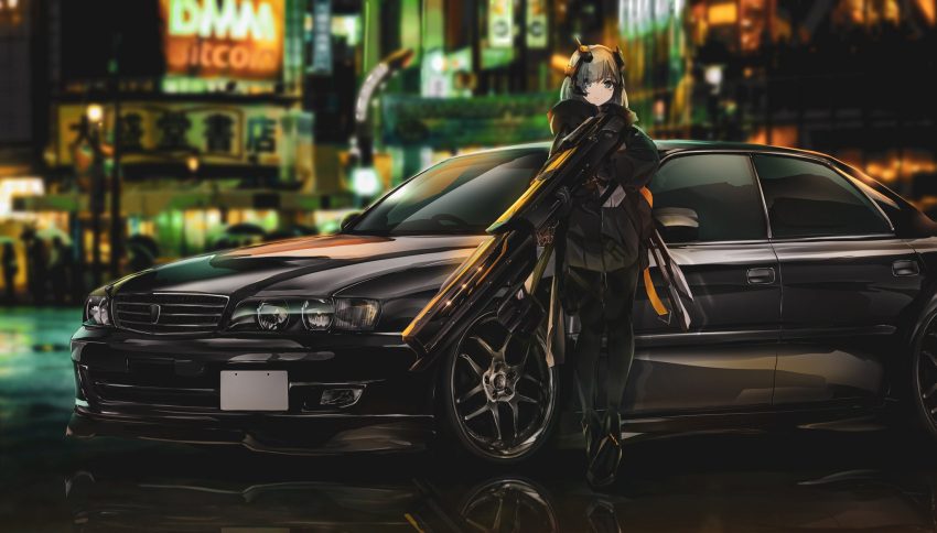 1girl black_footwear black_gloves black_jacket black_pantyhose blue_eyes blurry blurry_background car character_request copyright_request gloves grey_hair gun headset highres holding holding_gun holding_weapon hood hood_down jacket long_hair looking_at_viewer motor_vehicle nougat_(73r1r1) pantyhose reflection shadow solo toyota toyota_chaser vehicle_focus weapon
