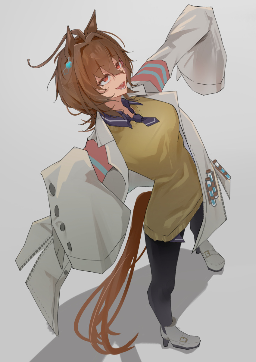 1girl absurdres agnes_tachyon_(umamusume) ahoge animal_ears black_pants blue_collar blue_necktie breasts brown_hair coat collar commentary full_body grey_background hair_intakes hexagon_hair_ornament highres horse_ears horse_girl horse_tail lab_coat long_sleeves medium_breasts necktie open_clothes open_coat open_mouth pants red_eyes sei_(bigaa) shadow short_hair short_necktie simple_background sleeves_past_fingers sleeves_past_wrists smile solo sweater tail test_tube umamusume white_coat white_footwear yellow_sweater