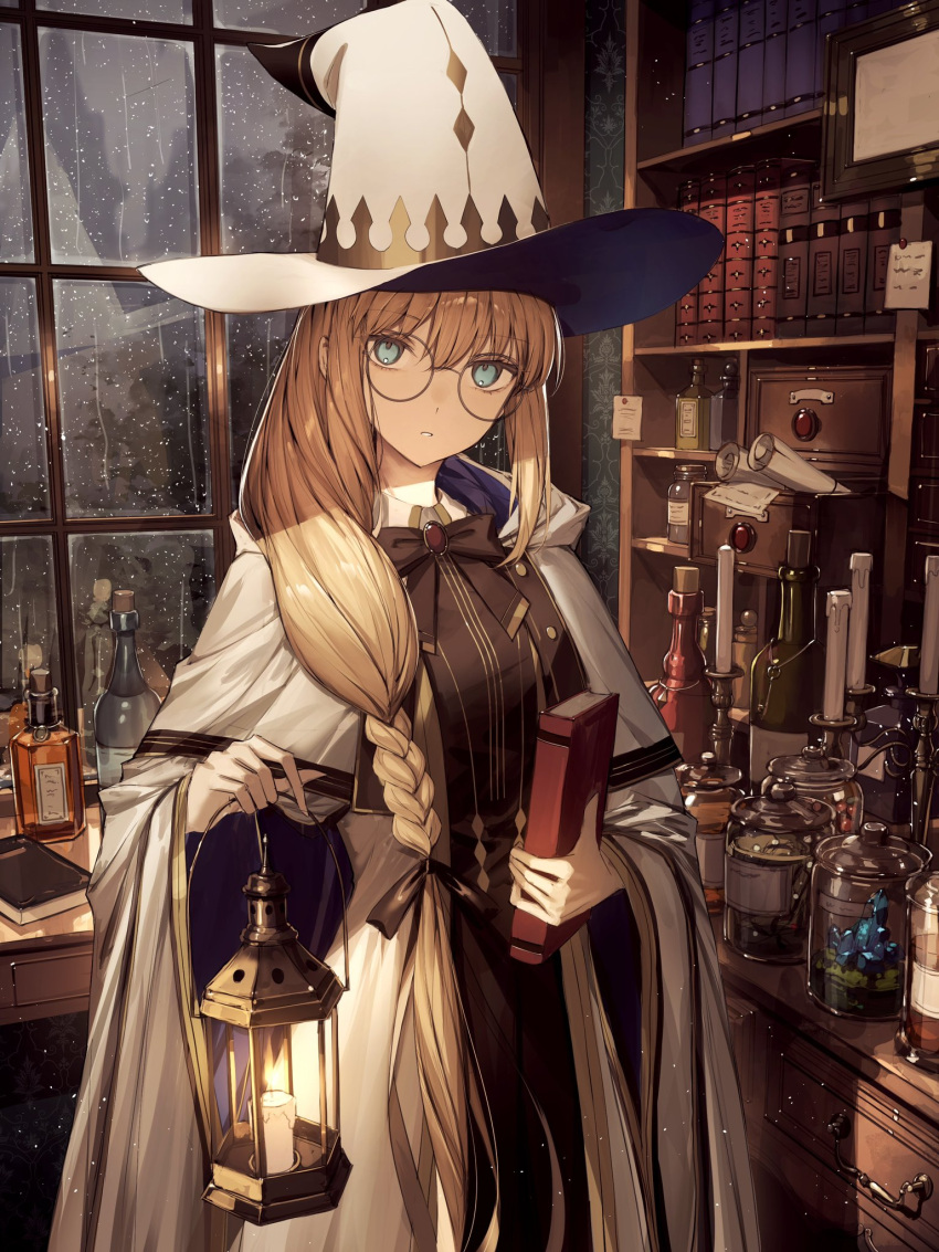 1girl black_bow blonde_hair blush book bow braid breasts cape cloak cowboy_shot fate/grand_order fate_(series) glasses green_eyes hat highres lamp large_breasts long_hair long_sleeves looking_at_viewer multicolored_cape multicolored_clothes robe round_eyewear solo tamitami tonelico_(fate) two-tone_sleeves white_cloak white_headwear white_robe window witch_hat