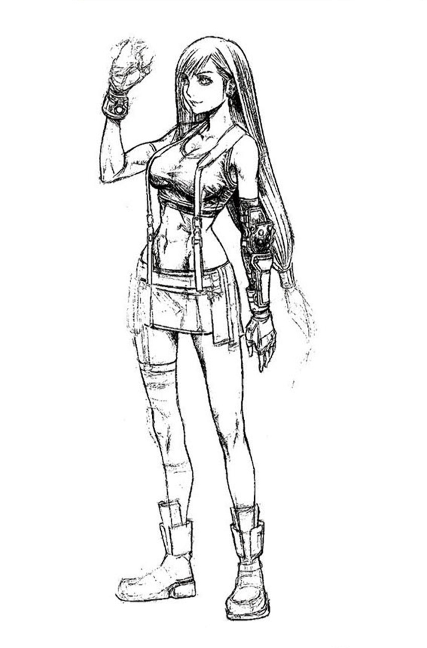 1girl abs boots crop_top earrings final_fantasy final_fantasy_vii final_fantasy_vii_remake fingerless_gloves full_body gloves greyscale highres jewelry long_hair low-tied_long_hair midriff miniskirt monochrome nomura_tetsuya prototype_design single_earring sketch skirt smile standing suspenders tank_top thigh-highs thigh_strap tifa_lockhart