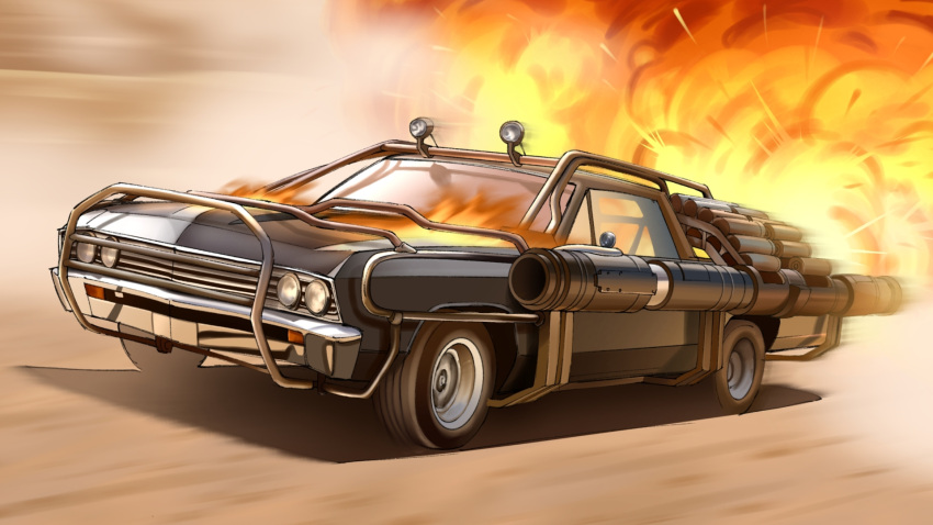 chevrolet chevrolet_el_camino explosion fast_x fire highres motion_blur motor_vehicle no_humans pickup_truck shadow the_fast_and_the_furious truck vehicle_focus zagin_sisu