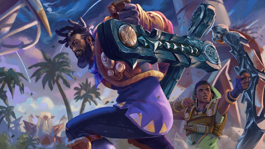 2boys battle beard black_hair bow_(weapon) brown_eyes character_request dark-skinned_male dark_skin dreadlocks dual_wielding earrings egyptian elaim facial_hair feet_out_of_frame from_below hair_tattoo highres holding holding_bow_(weapon) holding_weapon jewelry k'sante_(league_of_legends) league_of_legends male_focus mature_male multiple_boys muscular muscular_male palm_tree pants pharaoh short_hair thick_eyebrows tree turning_around turning_head weapon