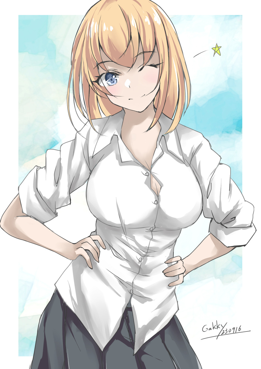 1girl alternate_costume blonde_hair blue_eyes blue_sky breasts clouds collared_shirt contrapposto cowboy_shot dress_shirt gakky grey_skirt hands_on_own_hips highres kantai_collection large_breasts one-hour_drawing_challenge one_eye_closed pleated_skirt rodney_(kancolle) shirt short_hair skirt sky sleeves_rolled_up solo star_(symbol) white_shirt