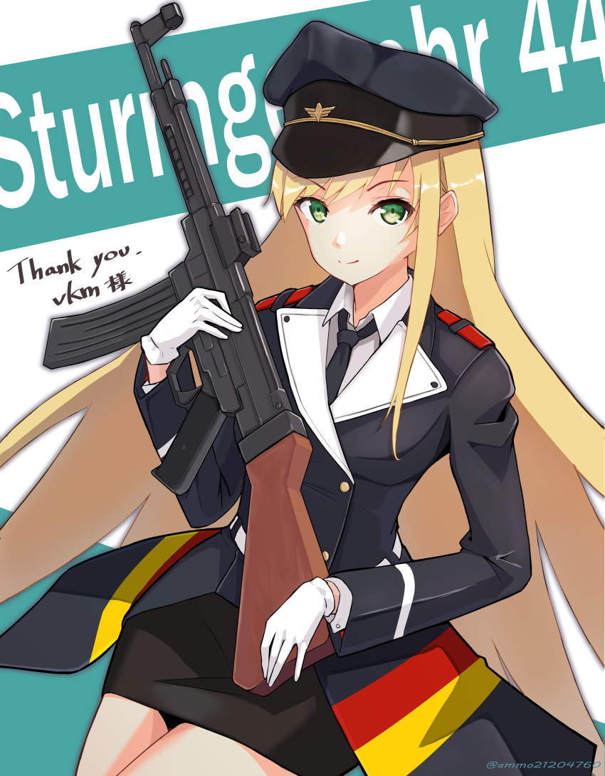 absurdres ammo21204760 assault_rifle blonde_hair commission commissioner_upload girls_frontline gloves green_eyes gun hat highres looking_at_viewer military_hat necktie rifle skeb_commission smile stg44 stg44_(girls'_frontline) uniform weapon white_gloves