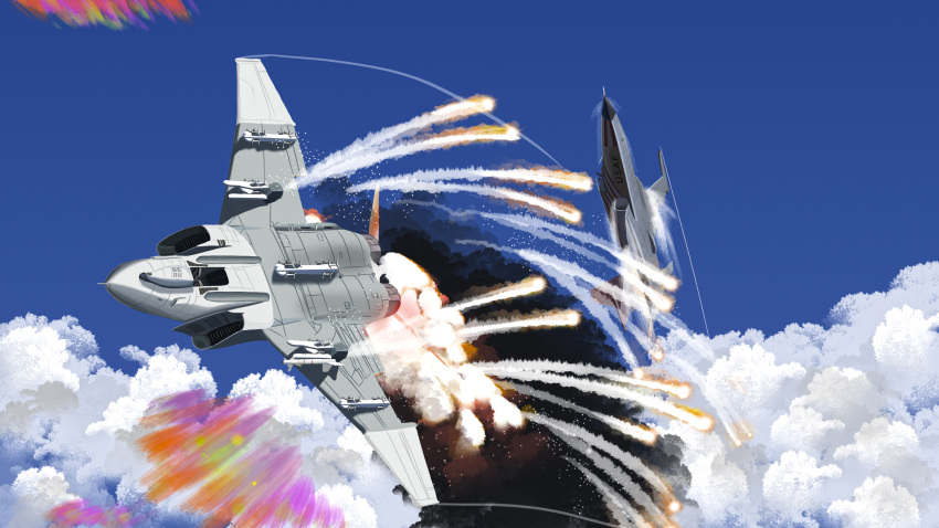 absurdres aerial_battle aircraft airplane battle blue_sky clouds dogfight explosion f-4_phantom_ii f-5_freedom_fighter fighter_jet flares_(countermeasure) highres jet military_vehicle sky vehicle_focus von_dietrich war_thunder