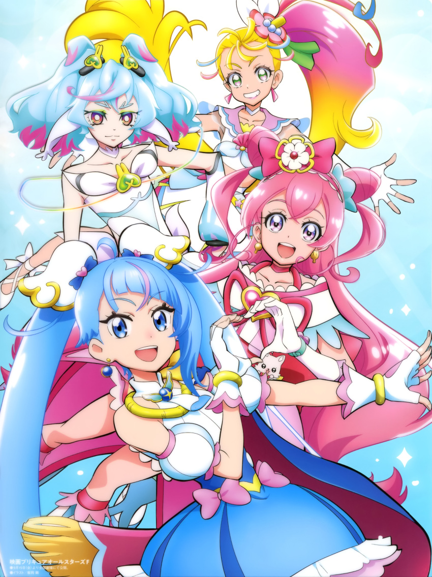 4girls :3 :d absurdres blonde_hair blue_eyes blue_hair blue_skirt character_request choker closed_mouth collarbone cone_hair_bun crop_top cure_precious cure_sky cure_summer delicious_party_precure detached_sleeves earrings elbow_gloves fingerless_gloves gloves gradient_hair green_eyes grin hair_bun heart heart_hands heart_hands_duo highres hirogaru_sky!_precure jewelry kome-kome_(precure) looking_at_viewer multicolored_hair multiple_girls nagomi_yui natsuumi_manatsu open_mouth pink_hair pink_sailor_collar precure red_eyes sailor_collar short_sleeves side_ponytail skirt smile sora_harewataru tropical-rouge!_precure twintails two-tone_hair violet_eyes white_choker white_gloves