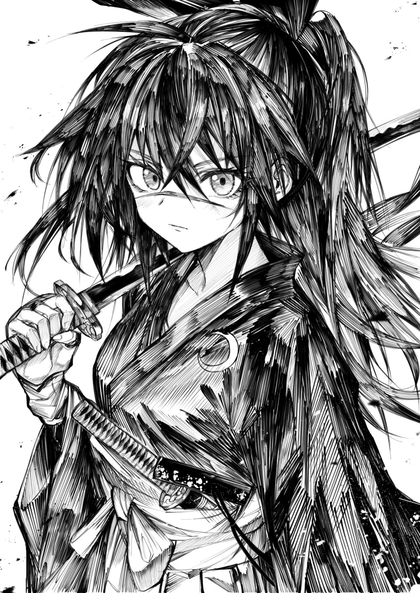 1girl breasts carrying_over_shoulder closed_mouth crossed_bangs debris frown greyscale highres holding holding_sword holding_weapon isekai_samurai japanese_clothes katana kimono long_hair long_sleeves looking_at_viewer monochrome monogrbl ponytail sash scar scar_on_face scar_on_nose sidelocks small_breasts solo standing sword tsukitsuba_ginko wakizashi weapon