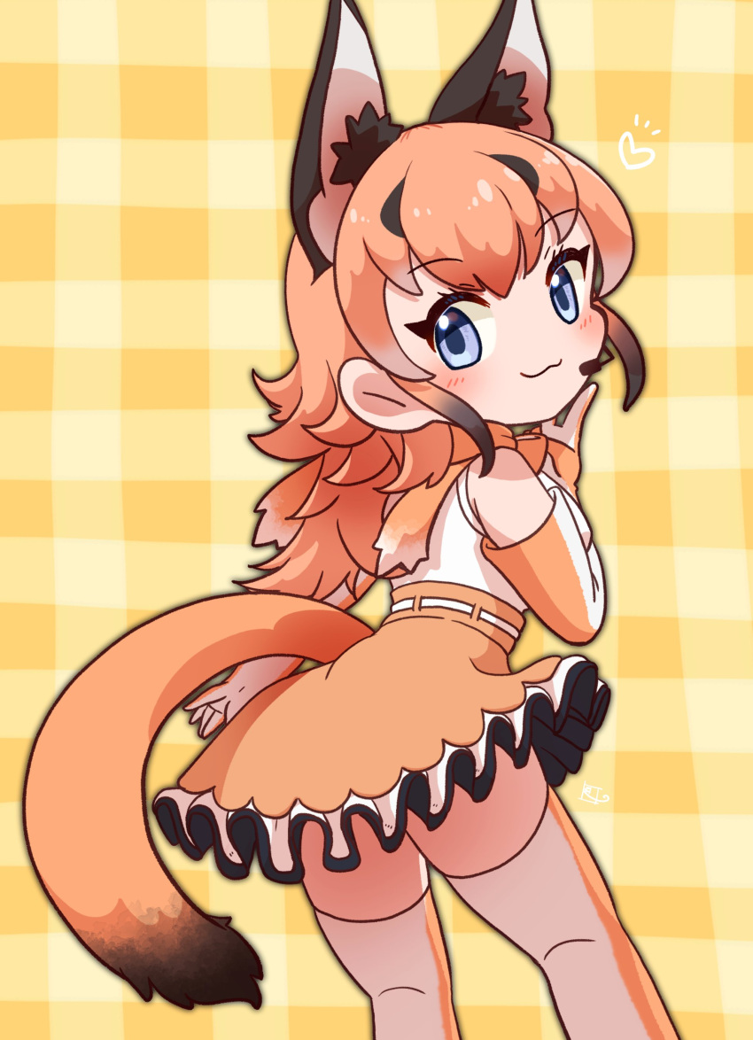 1girl absurdres animal_ears blue_eyes bow bowtie caracal_(kemono_friends) cat_ears cat_girl cat_tail elbow_gloves extra_ears gloves highres kemono_friends kemono_friends_v_project kneehighs long_hair looking_at_viewer microphone mugise_hitsuji orange_hair shirt simple_background skirt sleeveless sleeveless_shirt socks solo tail virtual_youtuber yellow_background