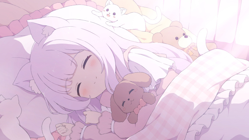 1girl animal animal_ear_fluff animal_ears backlighting blunt_bangs blush blush_stickers bow bowtie cat cat_ears cat_girl cat_tail closed_eyes head_on_pillow highres indoors long_hair lying on_side original pillow sidelocks smile solo stuffed_animal stuffed_toy tail teddy_bear tyakomes white_hair