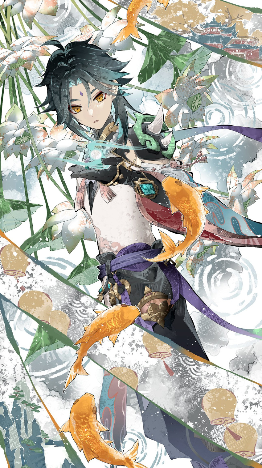 1boy bead_necklace beads black_gloves black_hair blue_hair cha_hanare detached_sleeves facial_mark fish flower forehead_mark genshin_impact gloves highres jewelry lantern male_focus multicolored_hair necklace orange_eyes parted_lips ripples single_detached_sleeve solo spikes tassel tree vision_(genshin_impact) white_gloves xiao_(genshin_impact)