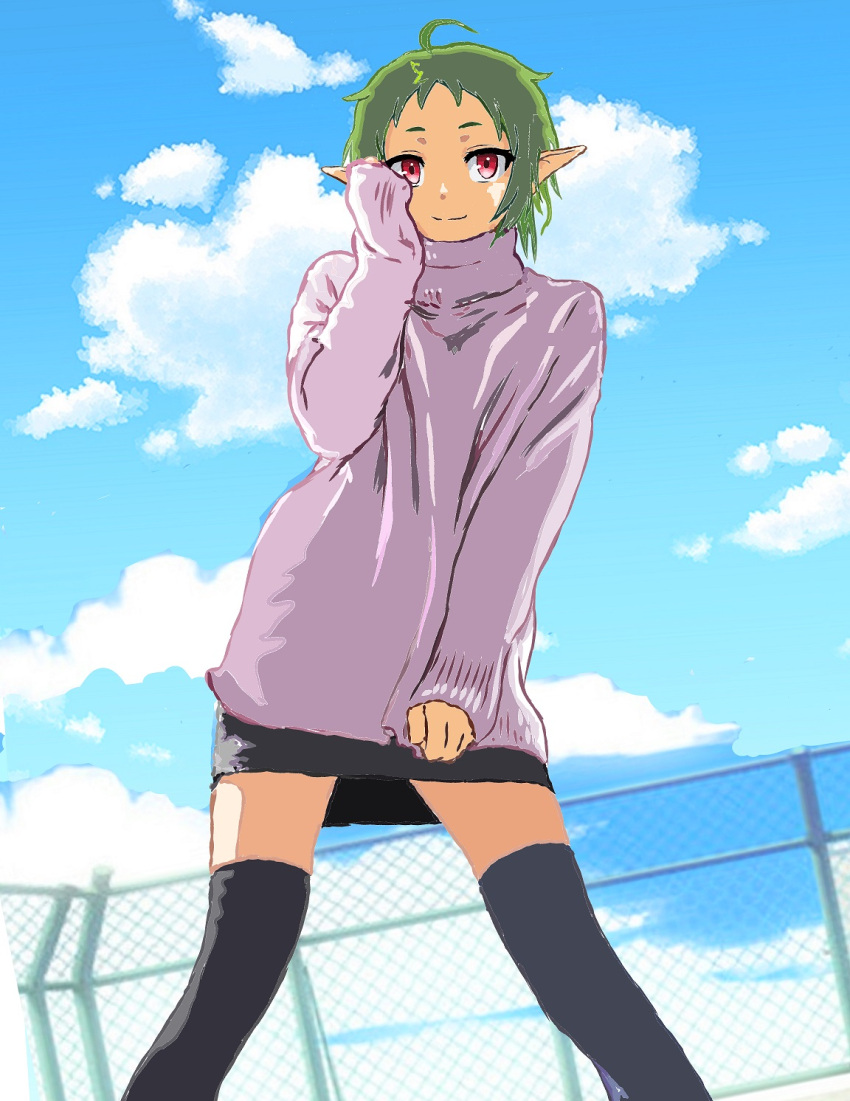 1girl ahoge alternate_costume black_skirt black_thighhighs blue_sky chain-link_fence closed_mouth clouds elf fence from_below green_hair highres looking_at_viewer mizumori_keiichi mushoku_tensei pointy_ears purple_sweater red_eyes skirt sky smile solo sweater sylphiette_(mushoku_tensei) thigh-highs turtleneck turtleneck_sweater