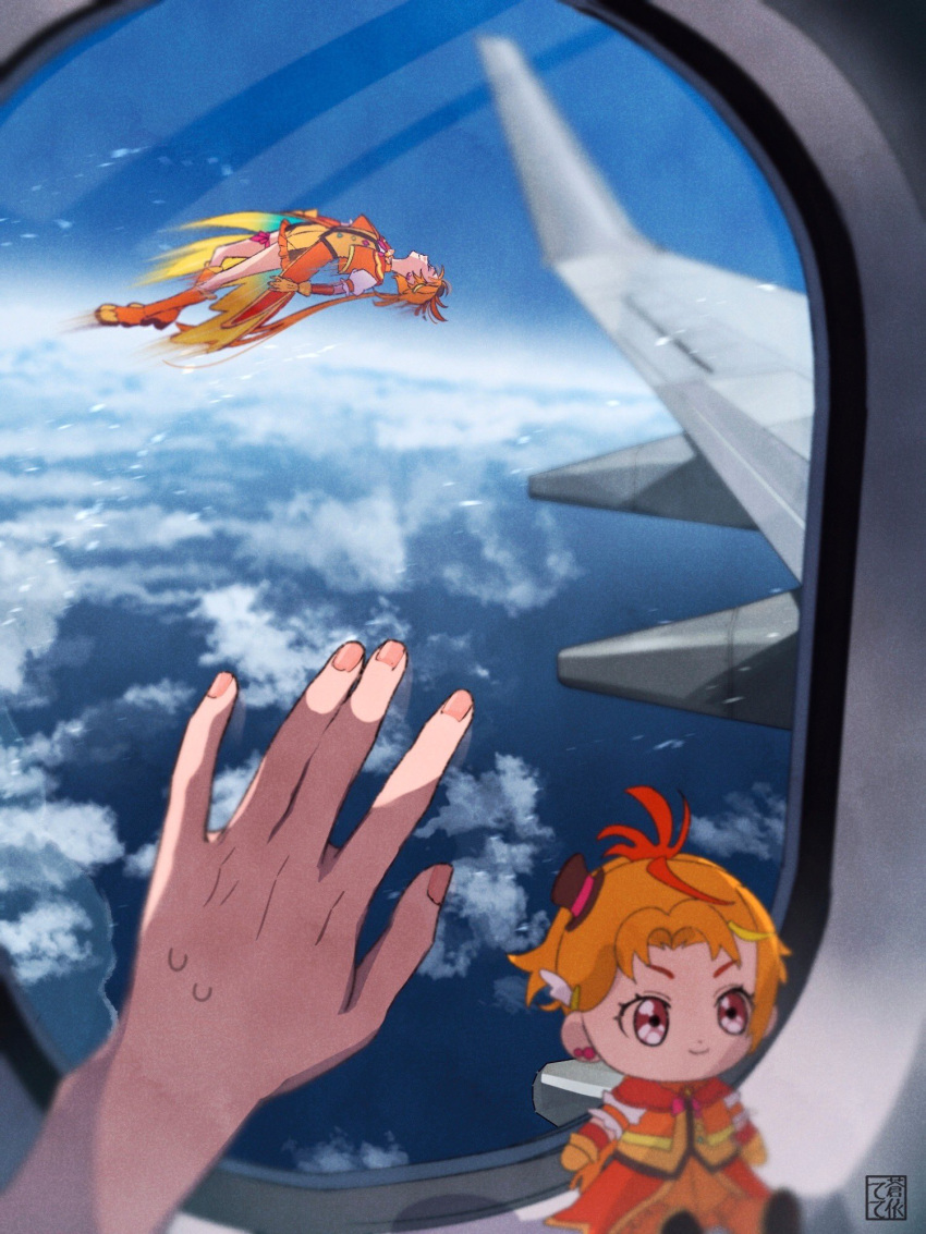 1boy 1other above_clouds airplane_interior artist_name bad_id bad_twitter_id blue_sky blurry blurry_background boots character_doll closed_eyes clouds coattails commentary cropped_jacket cure_wing day feather_hair_ornament feathers flying gloves hair_ornament hat highres hirogaru_sky!_precure jacket layered_gloves long_hair magical_boy male_focus mini_hat mini_top_hat orange_footwear orange_gloves orange_hair orange_jacket orange_shorts orange_vest out_of_frame outdoors ponytail precure puffy_short_sleeves puffy_sleeves red_eyes short_sleeves shorts signature sky sweatdrop tete_a top_hat upside-down vehicle_interior very_long_hair vest window yuunagi_tsubasa