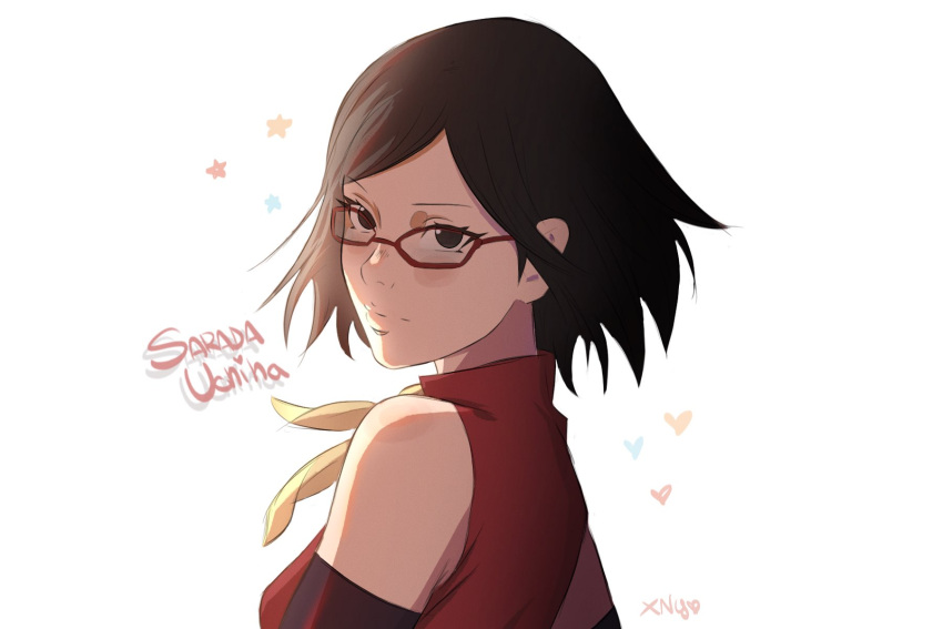 1girl black_eyes black_hair boruto:_naruto_next_generations cewyn character_name commentary_request from_side glasses heart highres looking_at_viewer naruto_(series) portrait red-framed_eyewear signature solo uchiha_sarada
