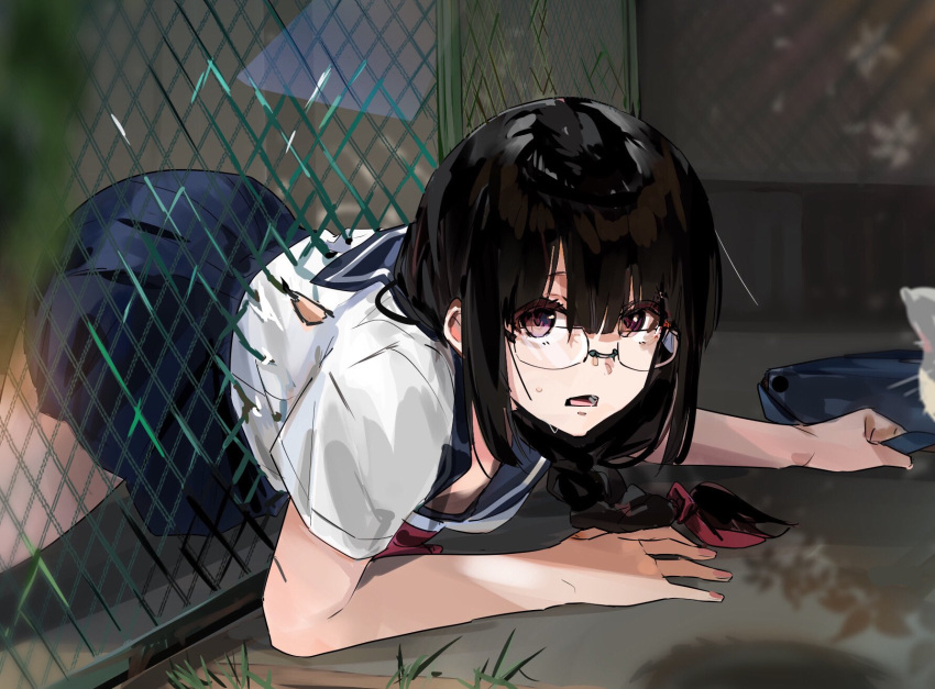 1girl bag black_hair blue_sailor_collar blue_skirt braid chain-link_fence commentary_request fence funi_mu9 glasses hair_between_eyes highres long_hair looking_at_viewer neckerchief open_mouth original outdoors pleated_skirt red_neckerchief sailor_collar school_bag school_uniform serafuku shadow shirt short_sleeves sidelocks skirt solo stuck sweatdrop torn_clothes violet_eyes white_shirt