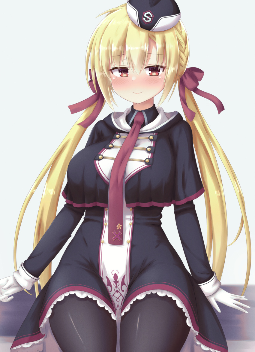 1girl arihara_nanami arms_at_sides black_capelet black_dress black_headwear black_pantyhose blonde_hair blush breasts capelet closed_mouth commentary curvy dress eyelashes frilled_dress frills furrowed_brow garrison_cap gloves hair_between_eyes hair_ribbon happy hat highres hood hood_down large_breasts long_hair long_sleeves looking_at_viewer low_twintails military_uniform necktie nose_blush pantyhose red_eyes red_necktie red_ribbon ribbon riddle_joker shiny_clothes short_dress shy simple_background smile solo straight_hair twintails uniform very_long_hair white_background white_gloves yuunagi_(yunagi1373)